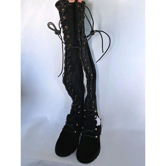 JustFab Phyllida Flat Black Over the Knee Lace Up Boots Women's Size 7 NEW NIB - Picture 3 of 10
